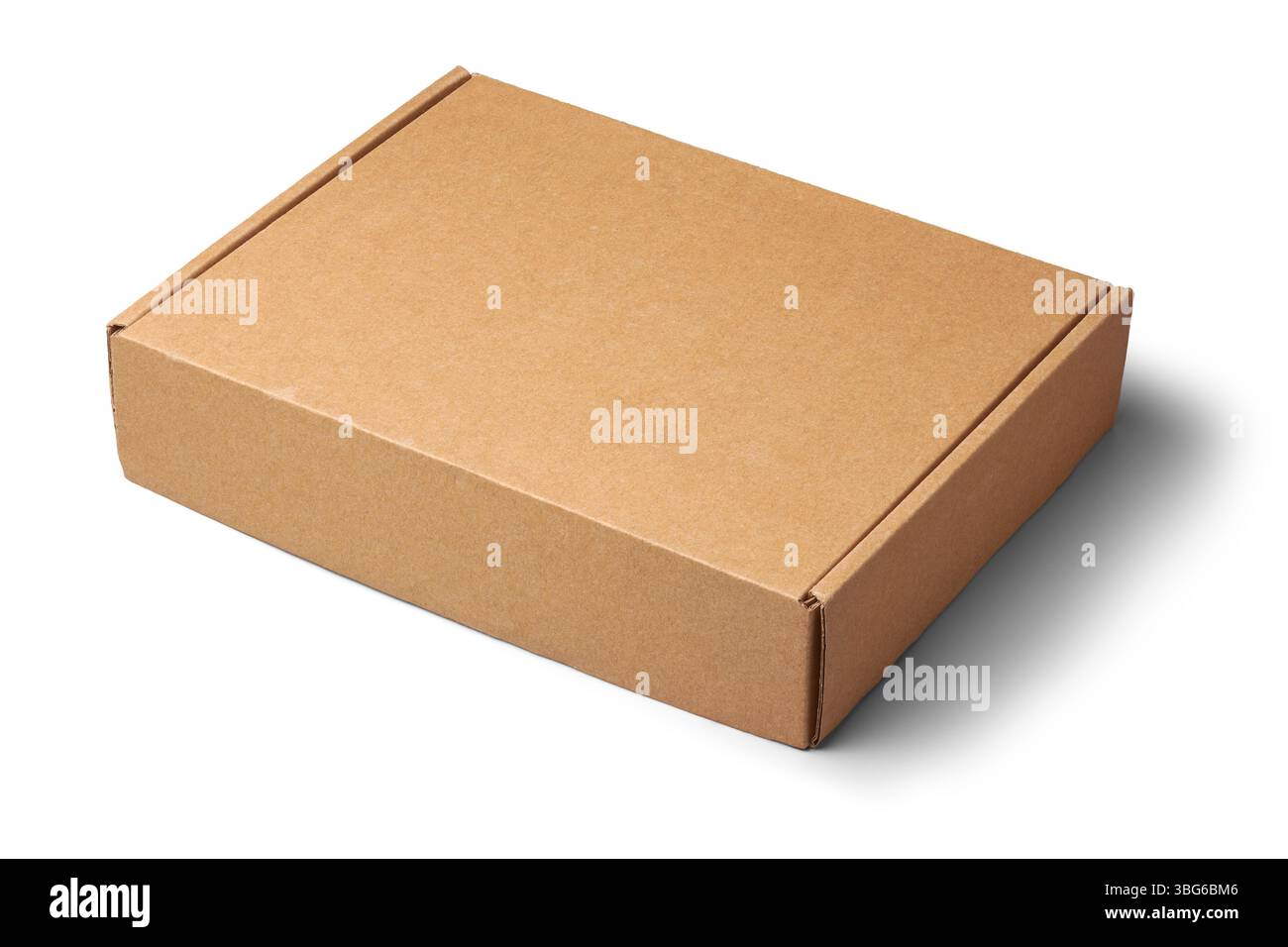 scatola di cartone singola chiusa, sfondo bianco isolato, modello di mock-up contenitore marrone vuoto, realizzato in materiale ondulato Foto Stock