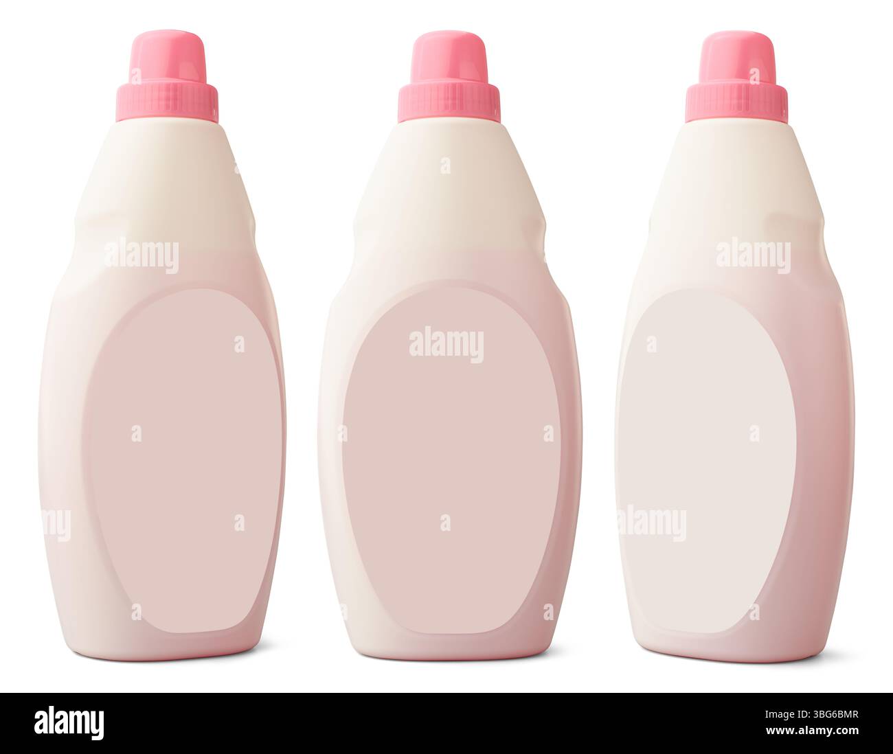 set di bottiglie di plastica per uso domestico con tappo rosa ed etichetta vuota sfondo bianco isolato, detergente liquido o sapone, detergente per bagno, candeggina per bucato Foto Stock
