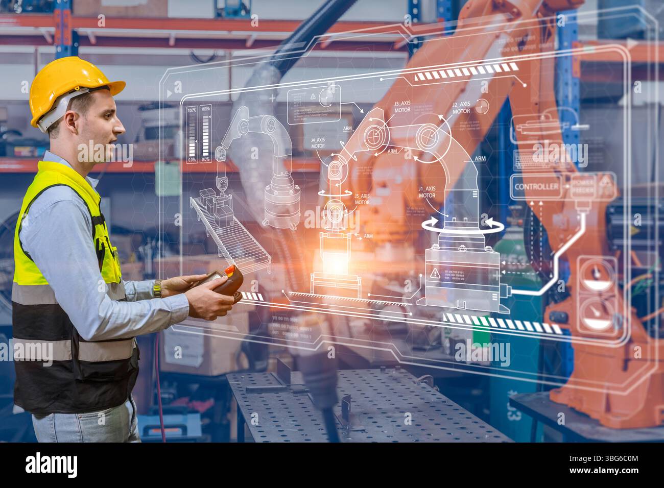ingegnere professionista che utilizza tecnologie avanzate nell'operatore di controllo della macchina con braccio di saldatura robotizzato industriale di fabbrica moderno Foto Stock
