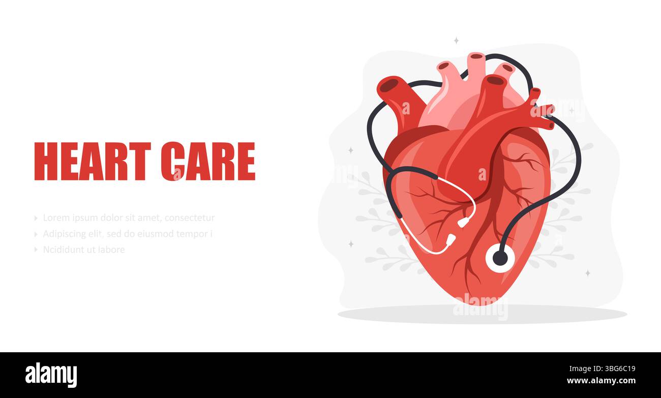 Concetto di assistenza al cuore. Controllo medico. Grande cuore realistico con stetoscopio. Monitor della frequenza cardiaca. Illustrazione del vettore piatto. Illustrazione Vettoriale