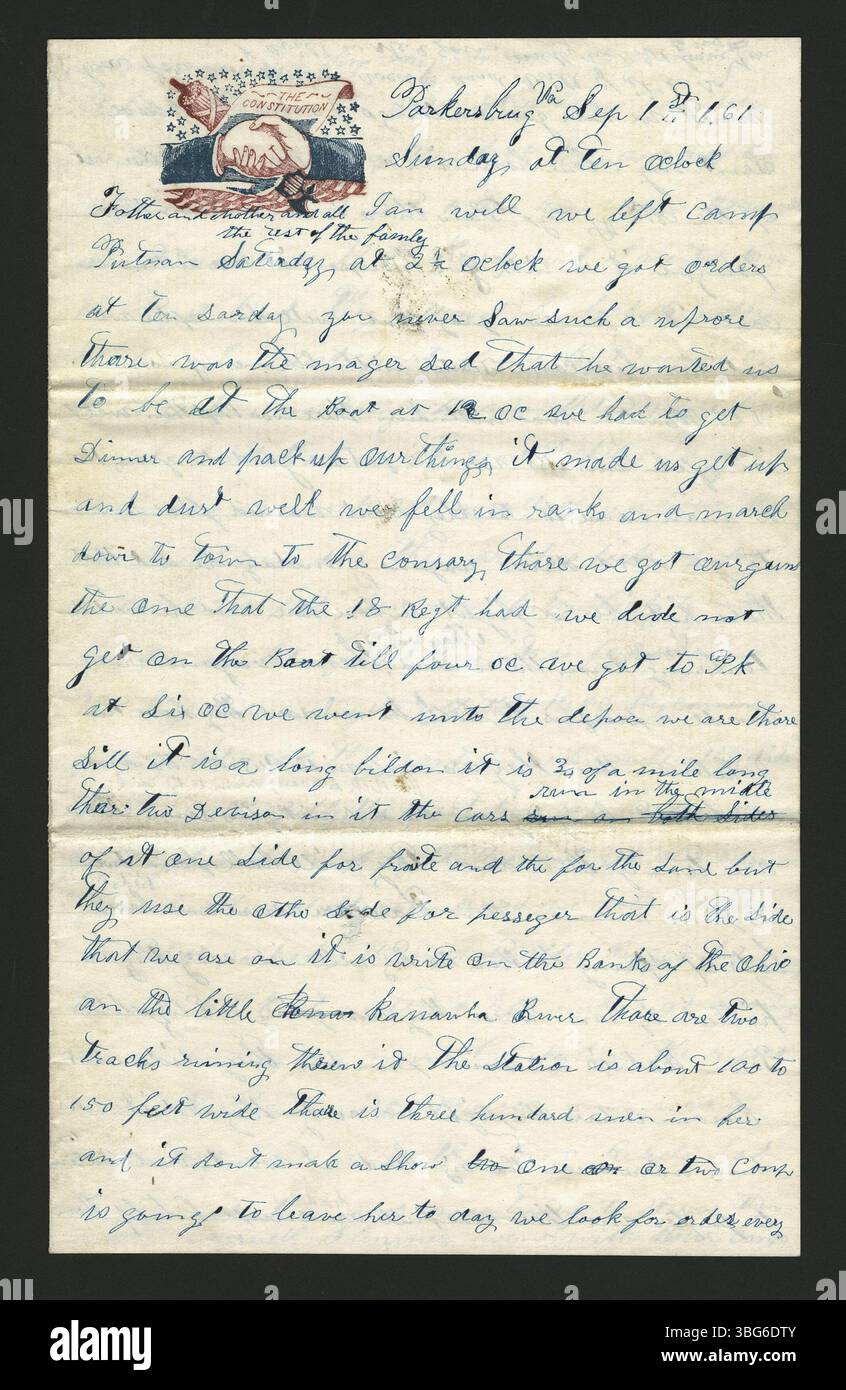 Edwin Brown scrive ad Almyra Brown il 1 settembre 1861, condividendo notizie sugli eventi della guerra civile, le sue esperienze personali e gli aggiornamenti militari durante le prime fasi del conflitto. Foto Stock