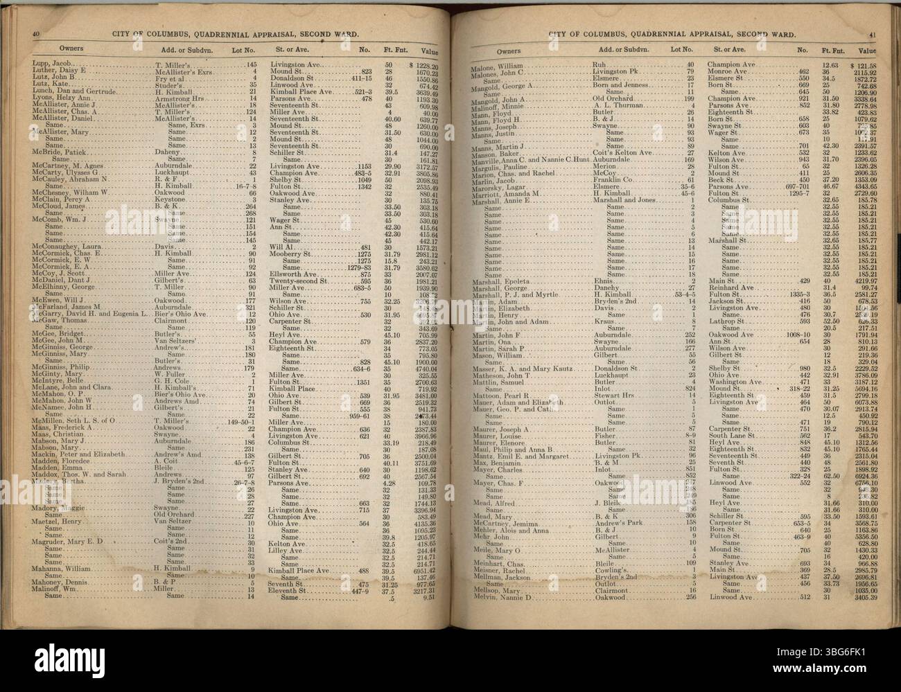 Il Columbus Quadrennial Appraisement del 1910 fornisce informazioni fiscali sulle proprietà di Columbus, Ohio, tra cui Clinton, Mifflin, Marion, Franklin Townships, e Bexley. Contiene dettagli sui proprietari di immobili, numeri di lotto, indirizzi, facciata, valori valutati, e suddivisioni. Ricercatori e genealogisti possono utilizzare questo documento per tracciare la proprietà e analizzare le tendenze immobiliari dei primi anni del XX secolo. Foto Stock