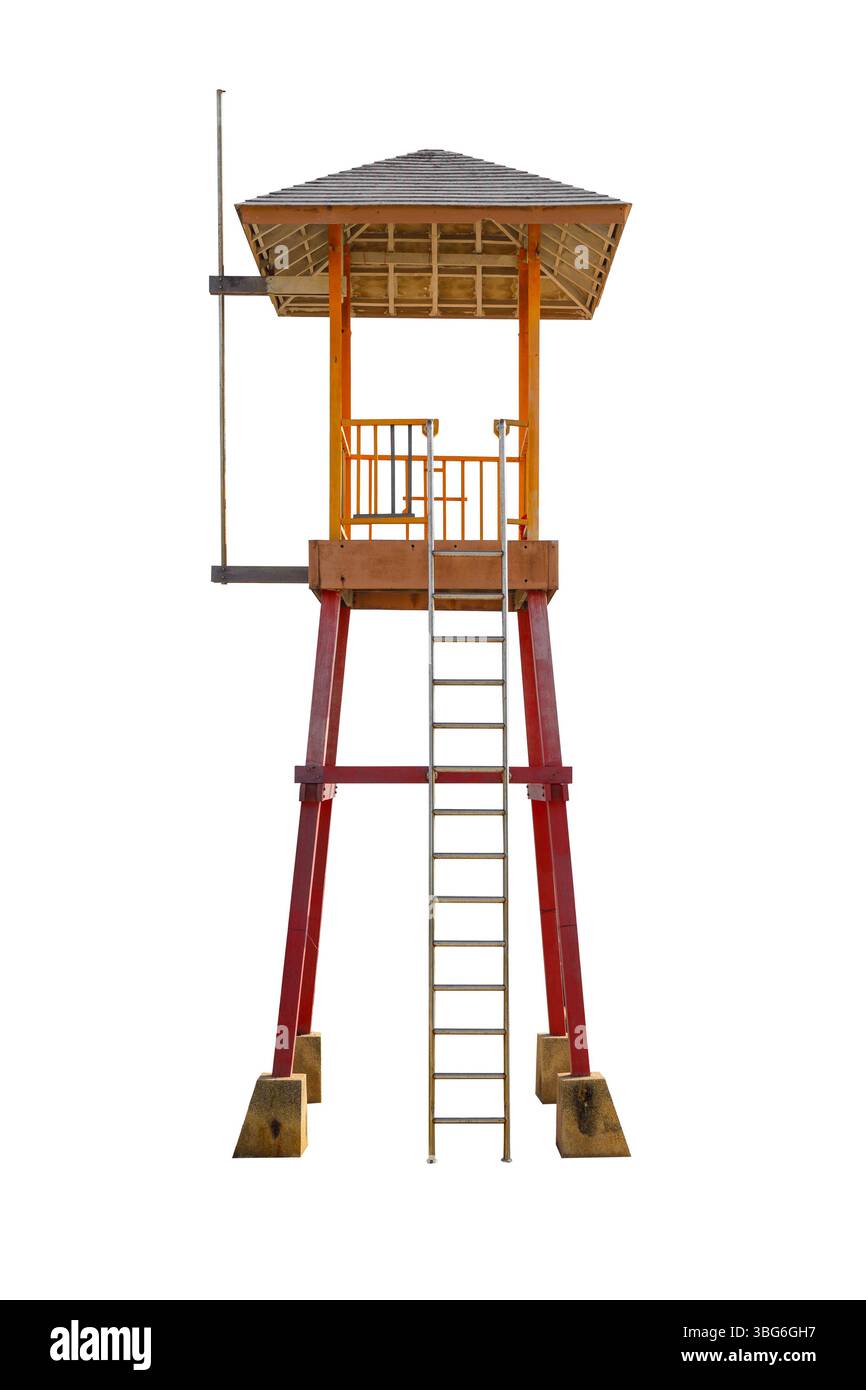 La Guardia di Spiaggia, la Guardia di salvataggio, l'edificio della torre di osservazione, isolato su sfondo bianco con sentiero di ritaglio Foto Stock