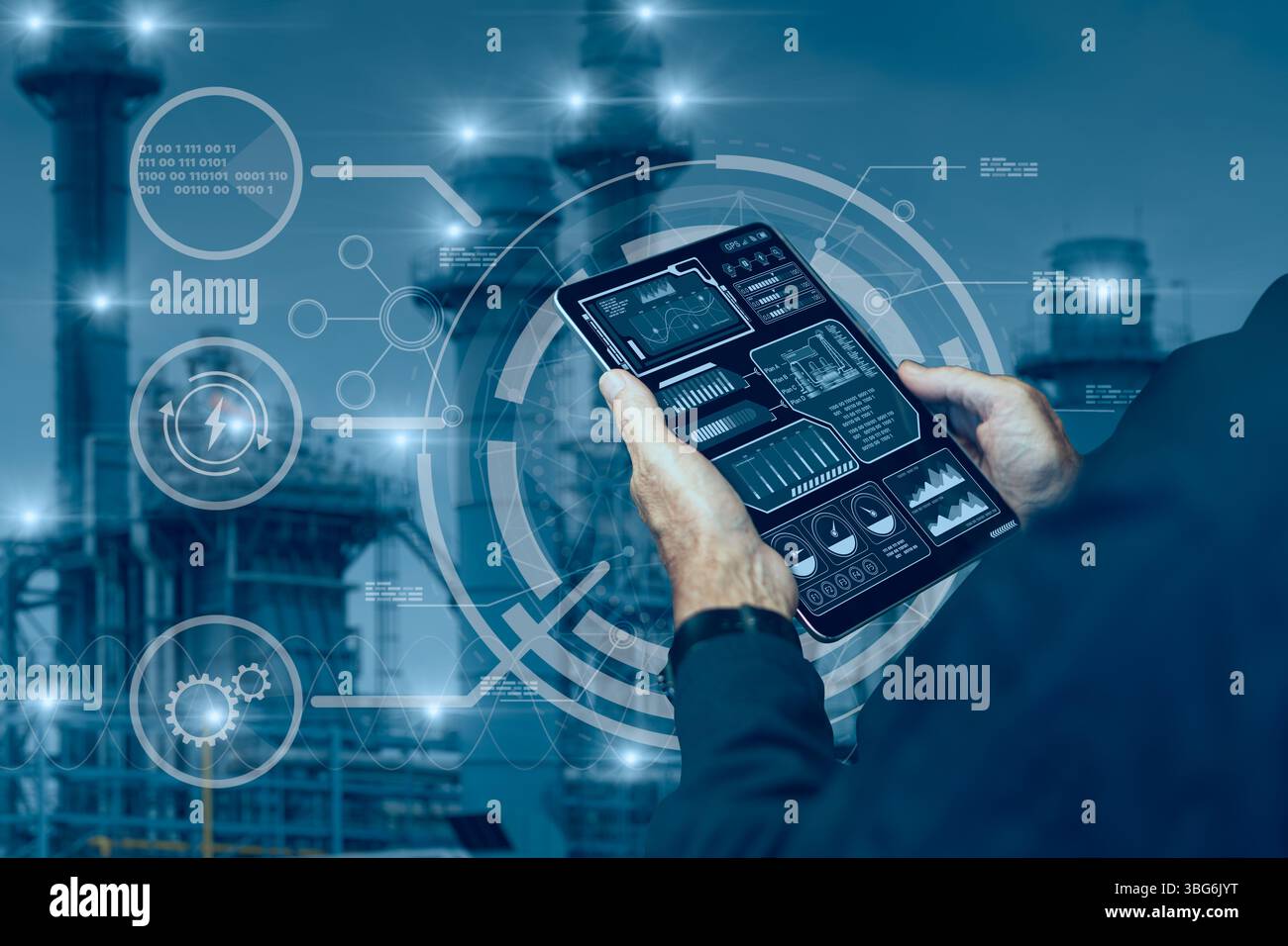 Concetto di sistema di controllo del software di gestione Smart Industry 4,0. Progettazione di un impianto chimico petrolifero per il monitoraggio online Foto Stock