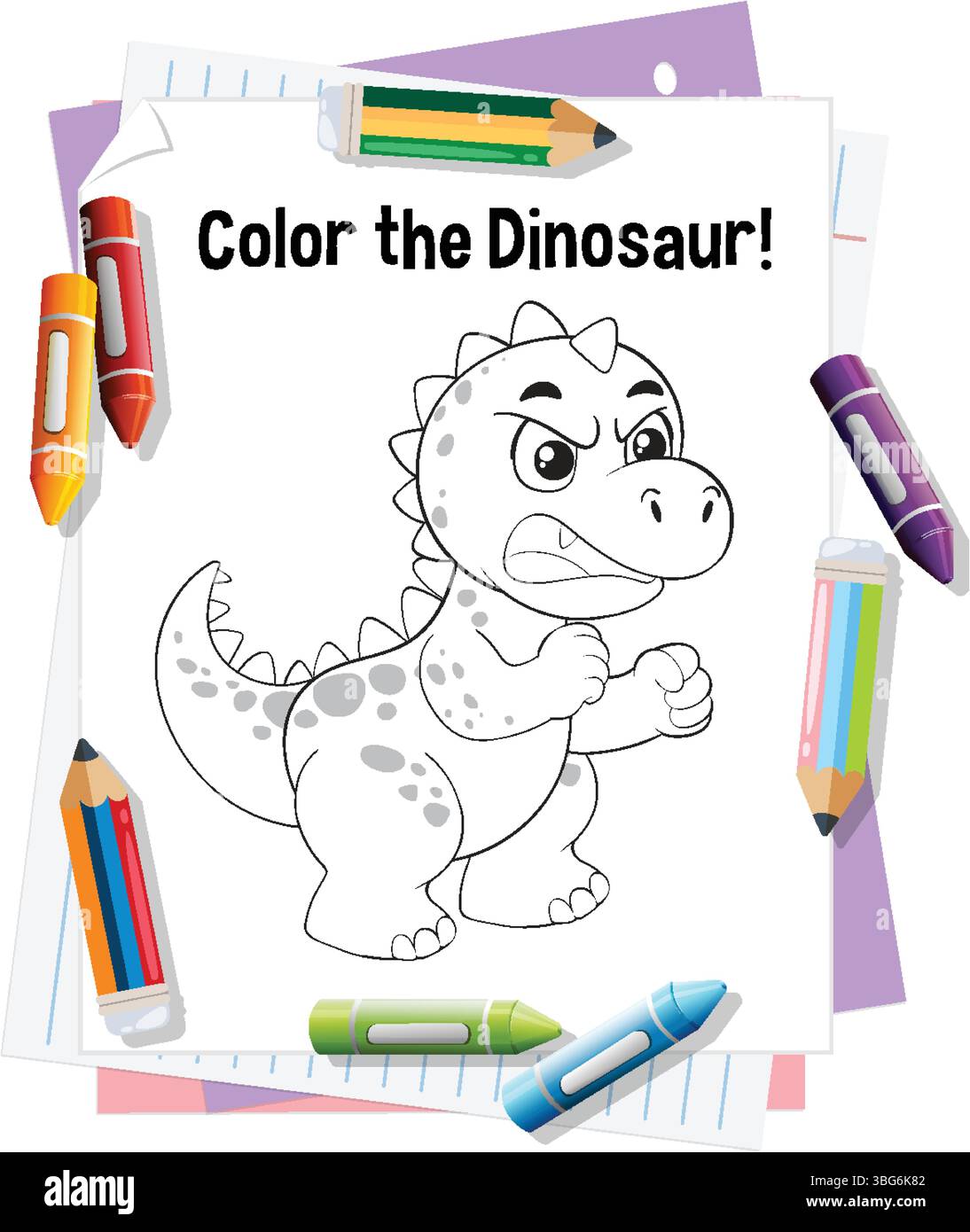 Illustrazione vettoriale di una pagina colorata di dinosauri circondata da pastelli colorati, ideale per le attività dei bambini Illustrazione Vettoriale