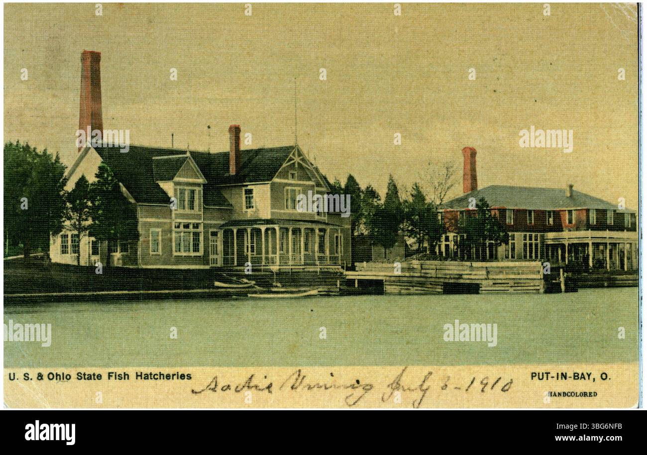 Immagine storica dei vivai ittici statali degli Stati Uniti e dell'Ohio a Put-in-Bay, Ohio, che mette in evidenza gli sforzi per la riproduzione e la conservazione delle specie ittiche nel lago Erie. Foto Stock