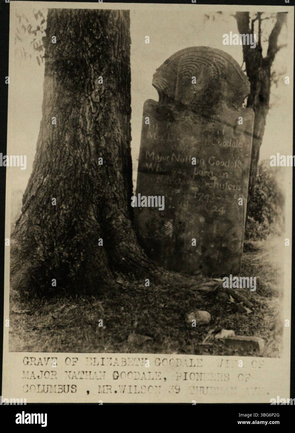 La lapide di Elizabeth Goodale, situata in un cimitero di Columbus, onora la vita di Elizabeth Phelps Goodale (1743-1809), madre del Dr. Lincoln Goodale. Si trasferì a Franklinton dopo la morte del marito e visse con suo figlio, che divenne un medico di spicco. Foto Stock