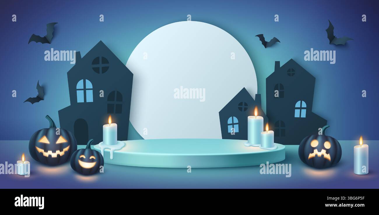 Scena del podio per la festa di Halloween: Piattaforma turchese con sagome spaventose, sfondo lunare incandescente, zucche intagliate con candele tremolanti, pipistrelli volanti sopra. Fase di presentazione del prodotto. Illustrazione Vettoriale