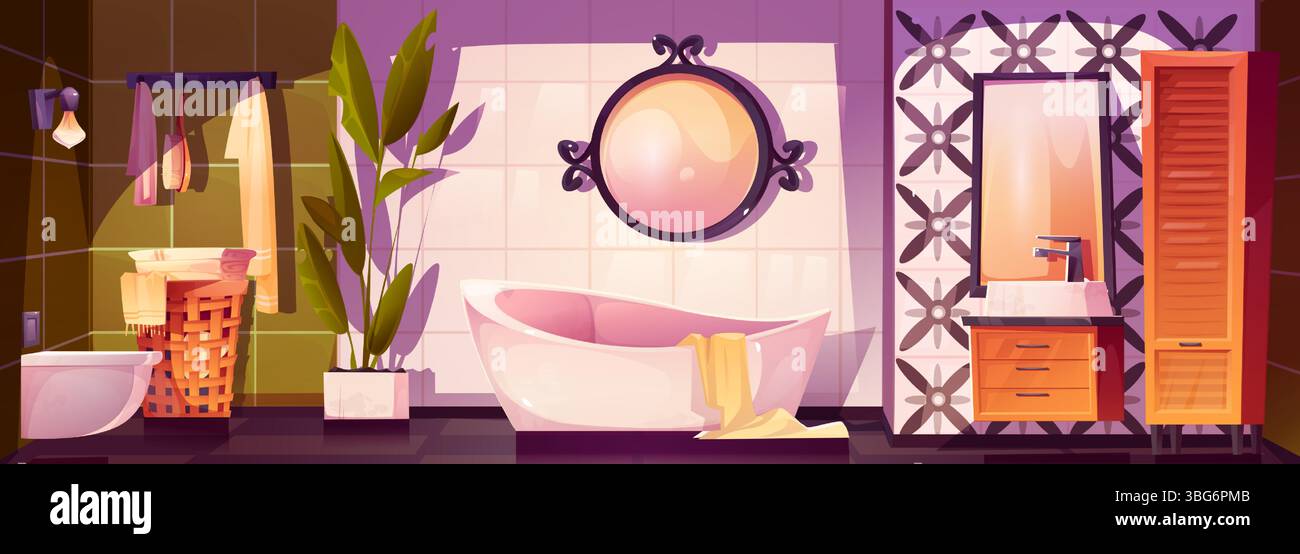 Elegante ambiente interno del bagno in cartone animato con vasca bianca, specchio rotondo, armadietto in legno contro pareti piastrellate decorative. Cestino per la lavanderia e piante in vaso, asciugamani appesi in un'accogliente atmosfera spa. Illustrazione Vettoriale