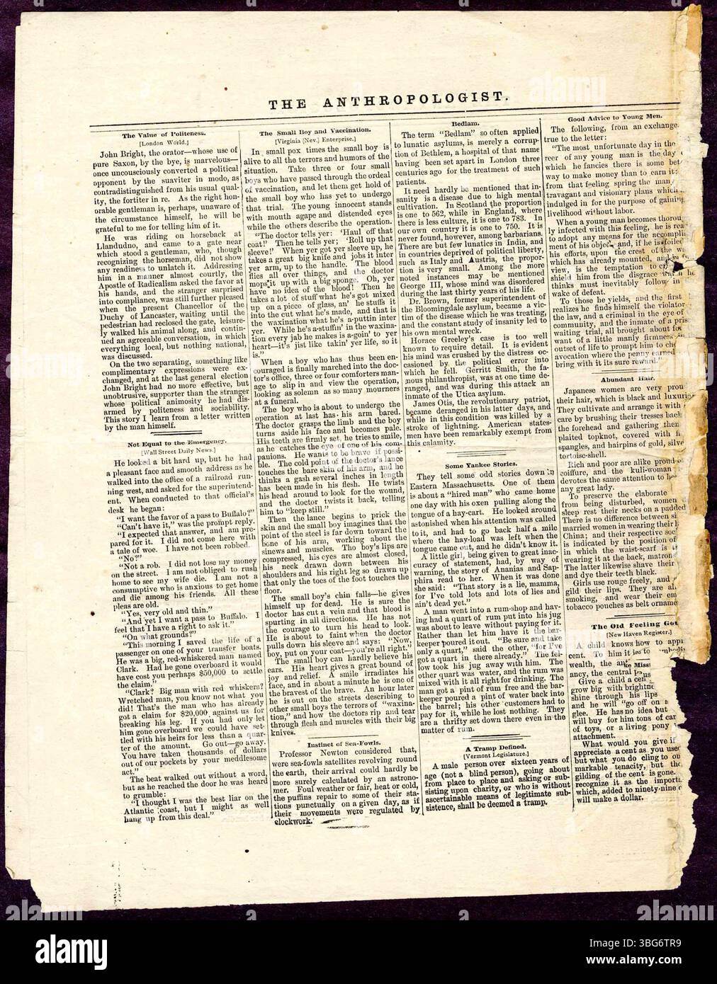 Pagina 12 del periodico "The Anthropologist" pubblicato tra il 1882 e il 1883, con articoli generali su scienza, letteratura, arte, pubblicità e avvisi del Dipartimento medico di Stato dell'Indiana a Logansport. Foto Stock