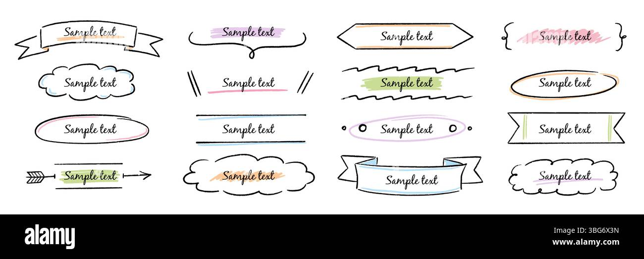 Set di banner per titoli per cornici disegnate a mano. Striscione disegnato a mano, elementi di forma per appunti per etichette con linee a nastro. Titolo della casella di testo tratto da un pennarello dal design accattivante, decorazione del titolo. Illustrazione vettoriale Illustrazione Vettoriale