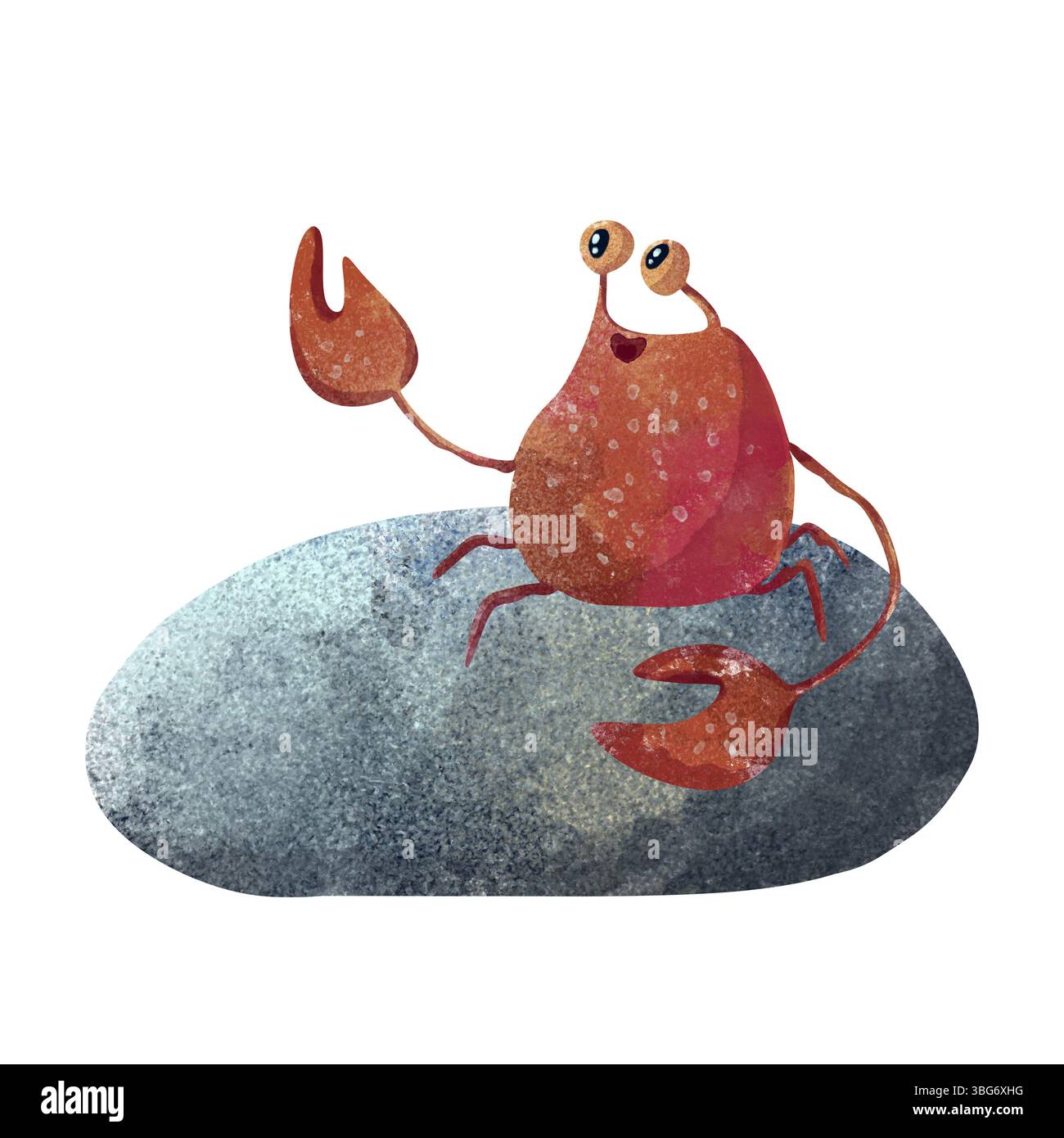 Allegro granchio rosso che ondeggia l'artiglio su sabbia gialla, seduto su una roccia con ciottoli e alghe. Illustrazione digitale ad acquerello disegnata a mano in un bambino carino Foto Stock