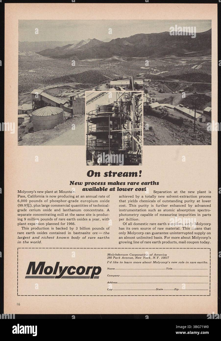 Questo annuncio del 1965 promuove un nuovo processo da parte della Molybdenum Corporation of America, in seguito conosciuta come Molycorp. L'annuncio evidenzia il successo dell'azienda nella produzione di ossidi di terre rare a Mountain Pass, California, e parla del suo accesso proprietario alle materie prime. Foto Stock