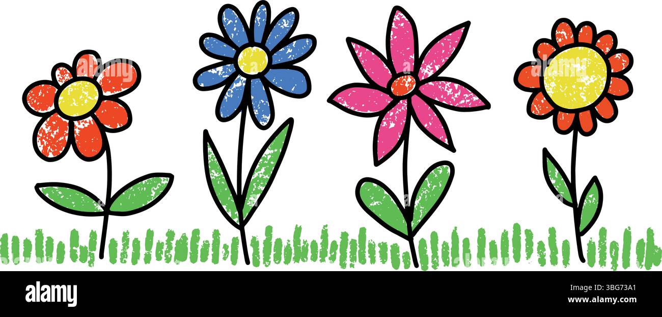 Set di fiori di pastello. Matita colorata e gesso pastello illustrazione floreale a molla vettoriale con farfalla. I bambini disegnati a mano hanno un bel dipinto. Piante con Illustrazione Vettoriale