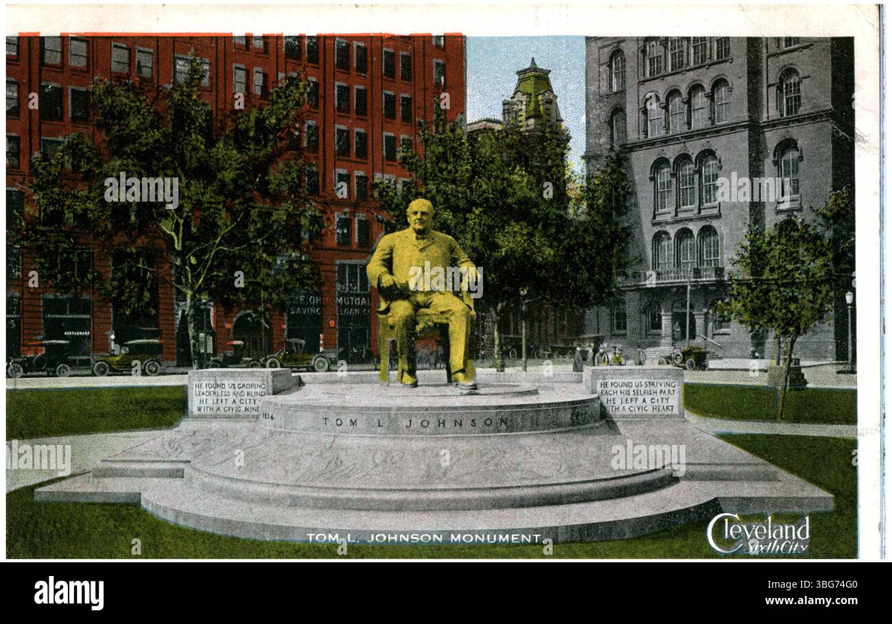 Cartolina a colori del monumento dedicato a Tom L. Johnson, ex sindaco di Cleveland e leader civico, per commemorare i suoi contributi alla città. Foto Stock