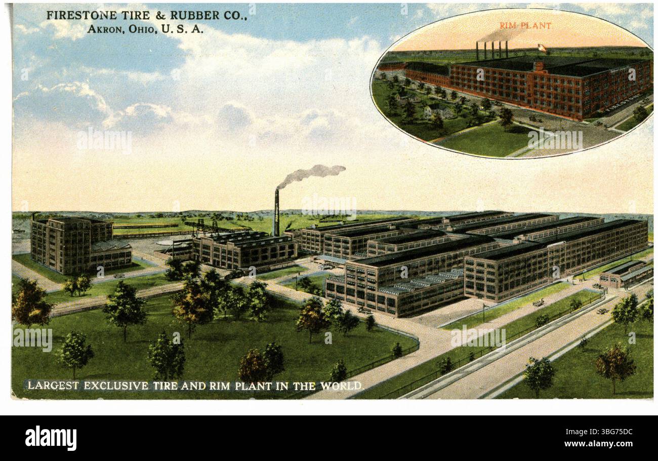 Cartolina a colori raffigurante Firestone Tire & Rubber Company, il più grande stabilimento di produzione esclusivo di pneumatici e cerchioni al mondo. Foto Stock
