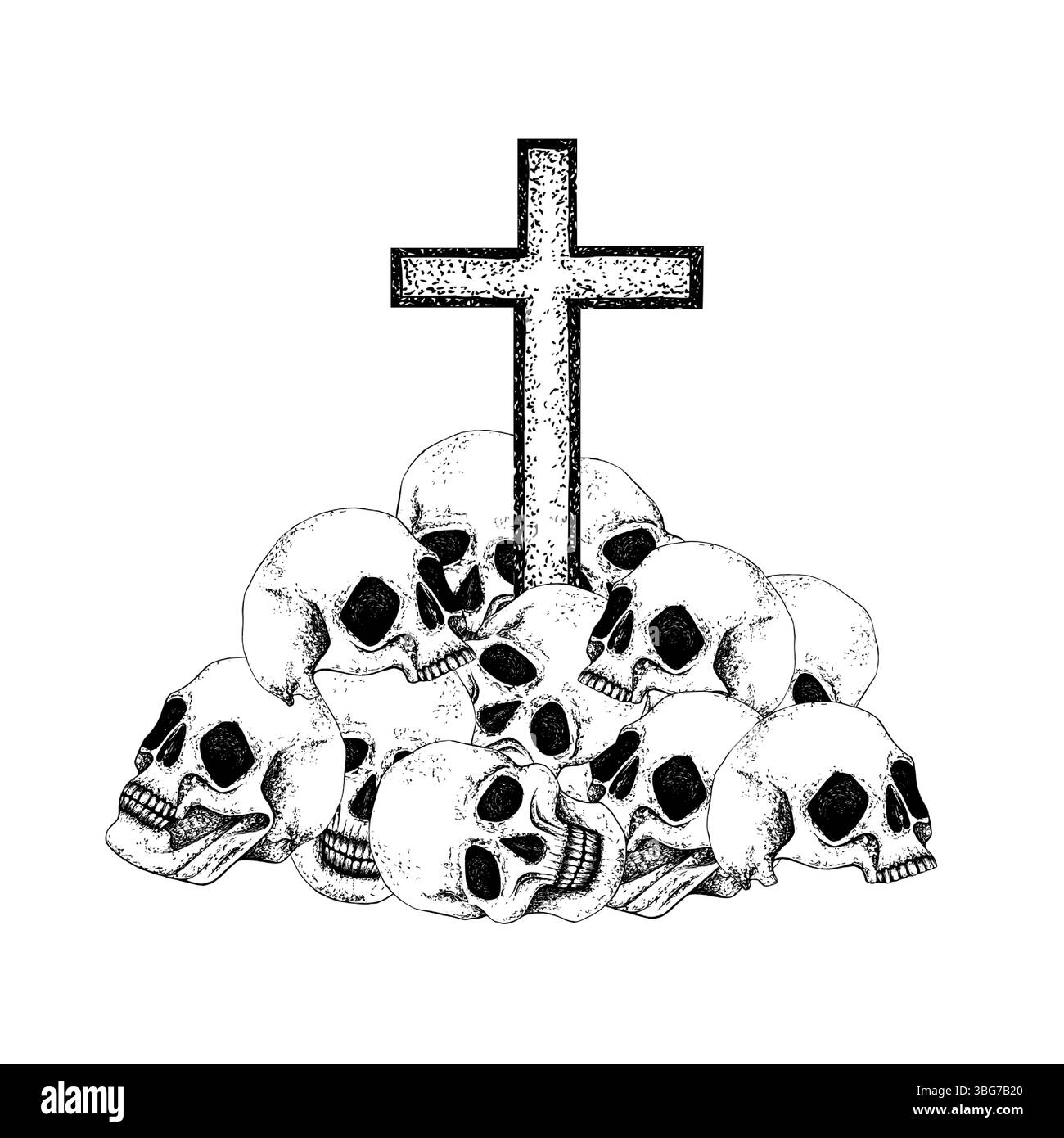 Mucchio di teschi con croce. Illustrazione grafica in bianco e nero, composizione gotica vettoriale per Halloween, Day of the Dead, concetto esoterico. Line art per Illustrazione Vettoriale
