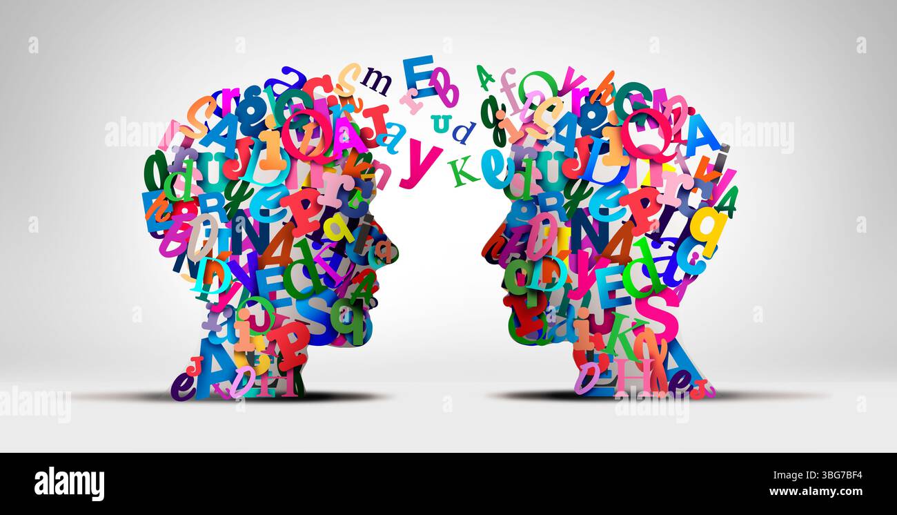 Concetto di istruzione e formazione come lettere dell'alfabeto che rappresentano la comunicazione delle persone che parlano e comunicano come metafora per l'insegnamento e l Foto Stock