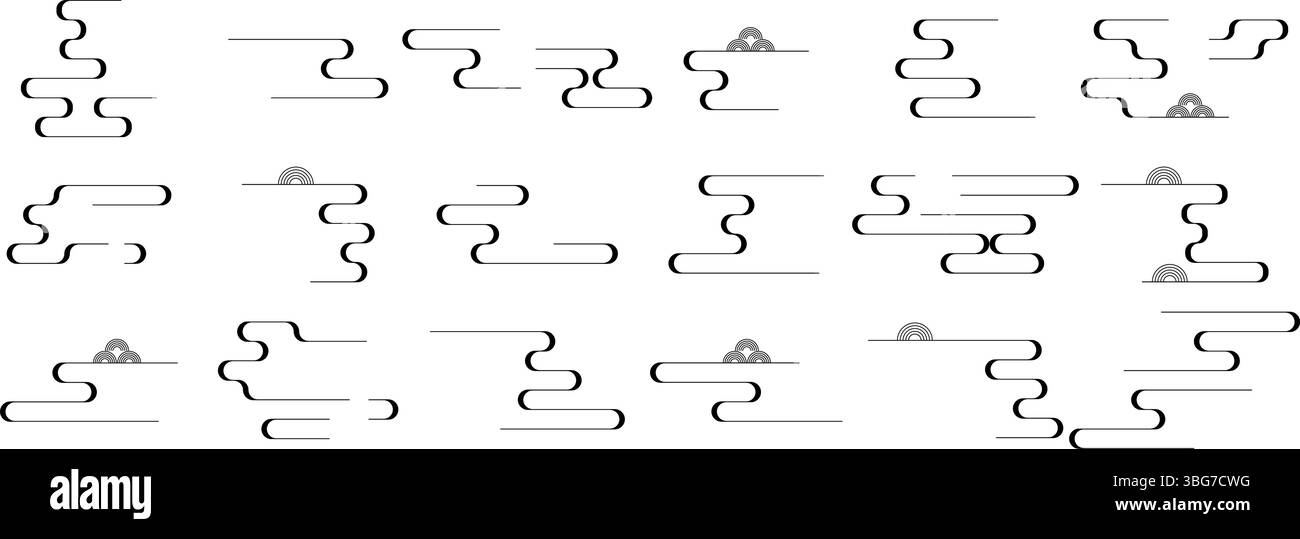 Set di progetti di cloud asiatici. Elementi geometrici decorativi in stile giapponese e cinese Illustrazione Vettoriale