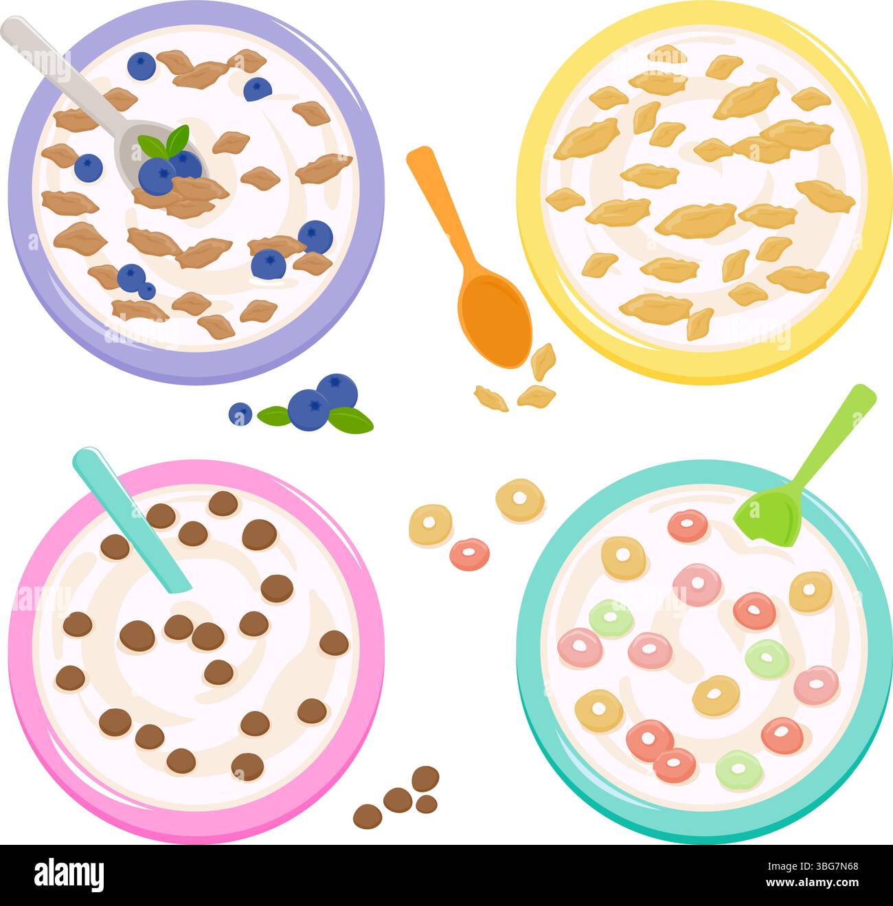 Ciotole di cereali da colazione. Vista dall'alto. Set di ciotola per la colazione con cereali, fiocchi di mais con latte, cioccolato, frutta ai mirtilli. Illustrazione vettoriale Illustrazione Vettoriale