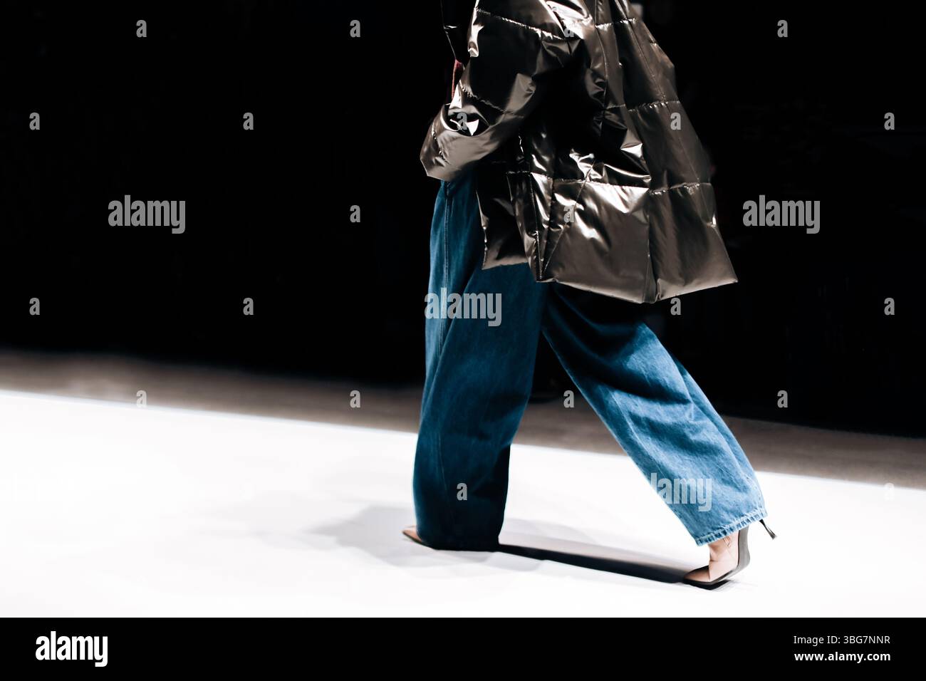 Donna che indossa un outfit elegante, jeans blu e giacca argento. Collezione di moda autunnale invernale Foto Stock