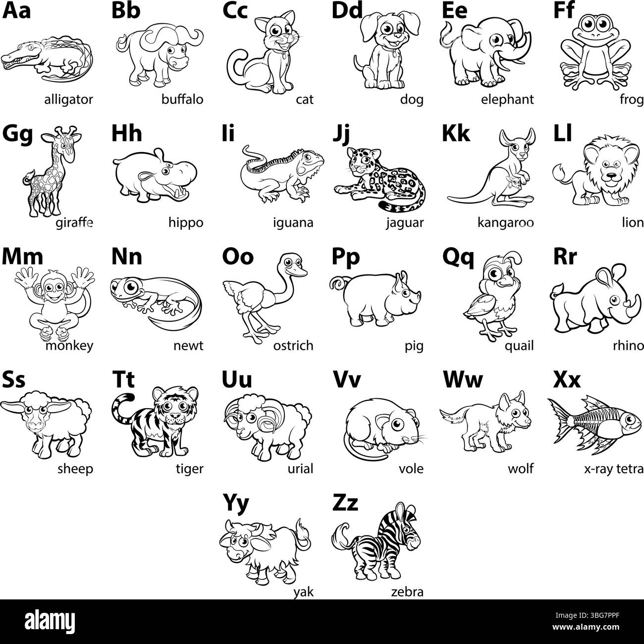 Cartoon Animal Alphabet Letters Language Chart Illustrazione Vettoriale
