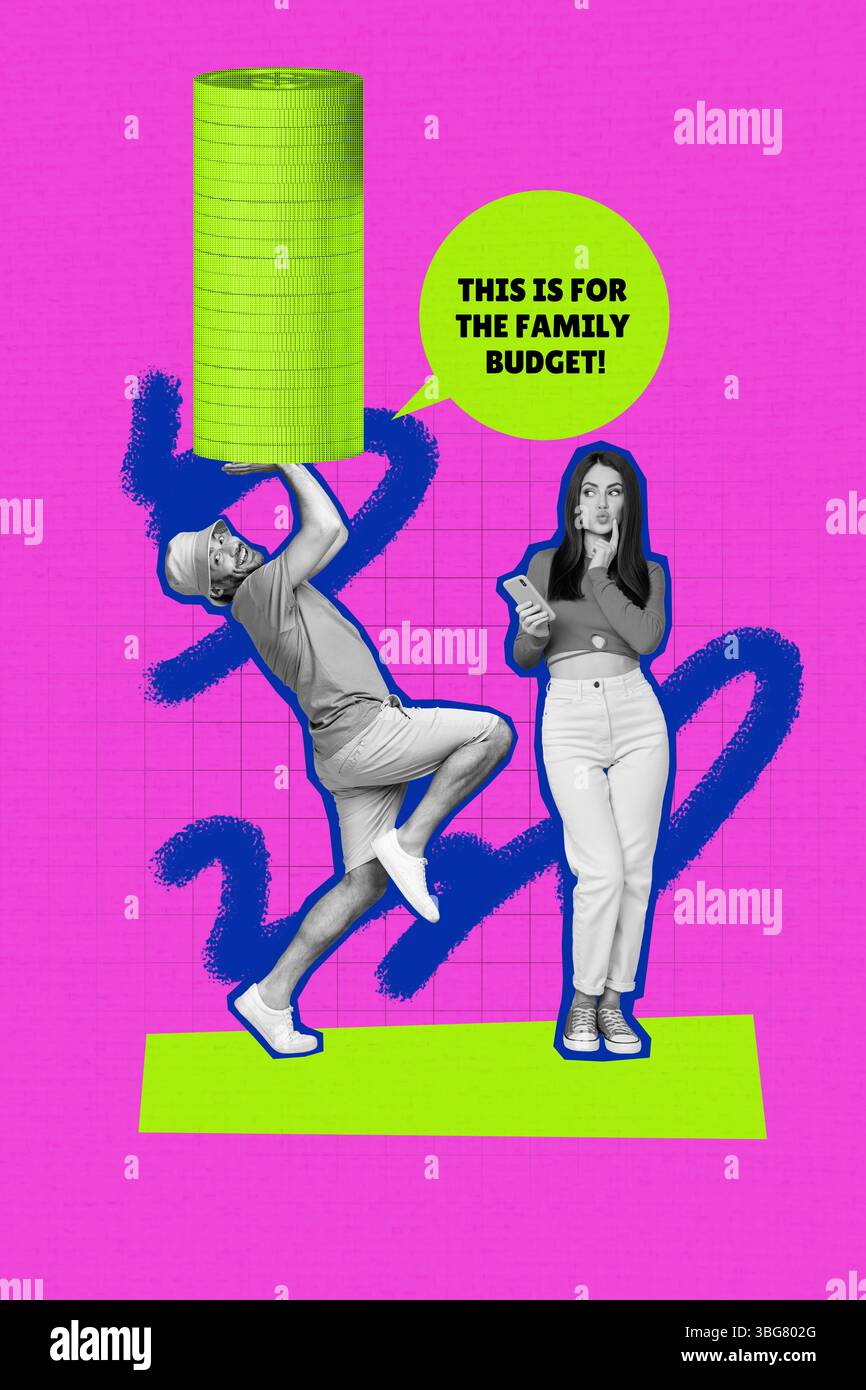 Modello poster grafica collage fotografico in 3D di dollari guadagni da un giovane uomo dice che questo è per il budget di famiglia, una giovane donna che tiene il telefono Foto Stock