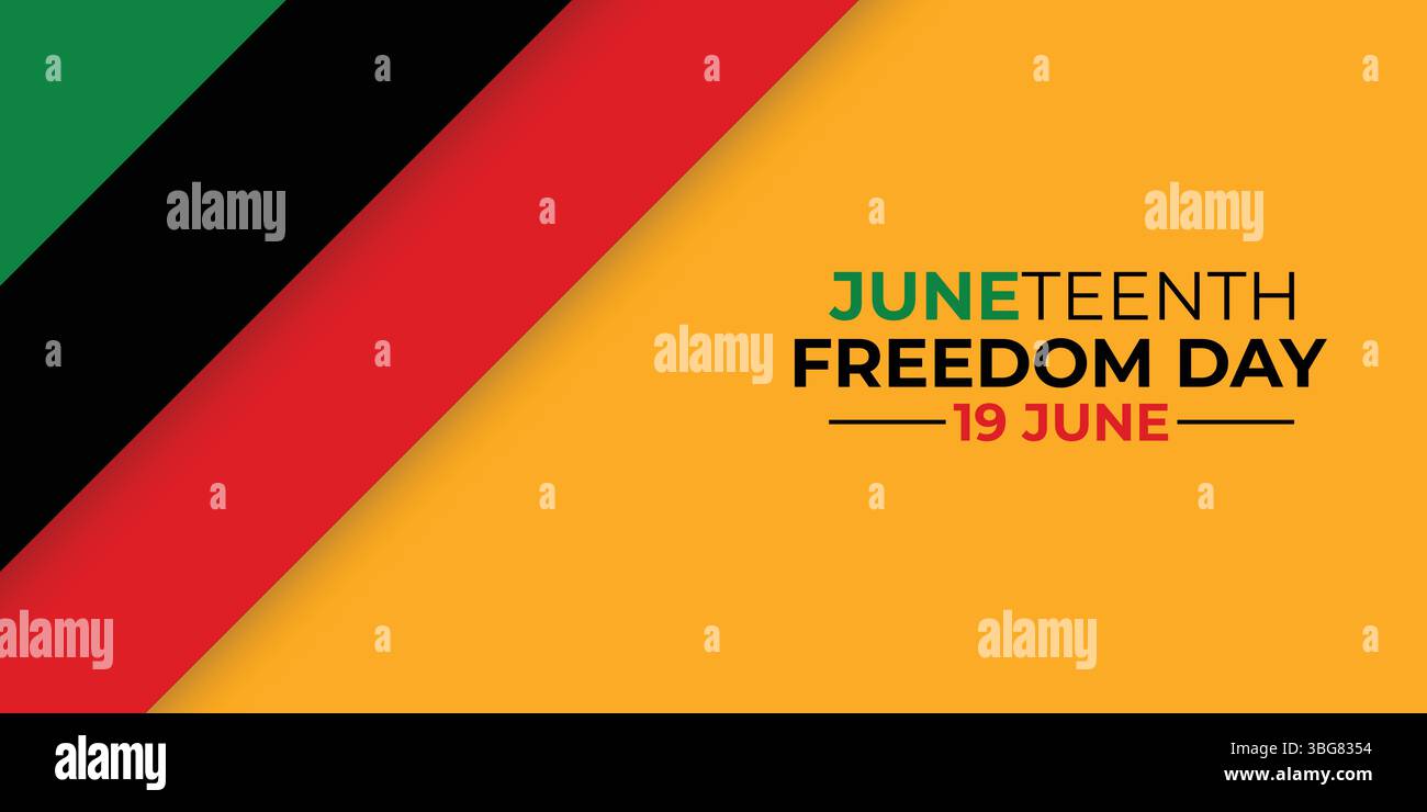 Juneteenth Banner Vector. Bandiera Pan Africana ondulata su sfondo arancione. Testo del primo giorno della libertà Illustrazione Vettoriale
