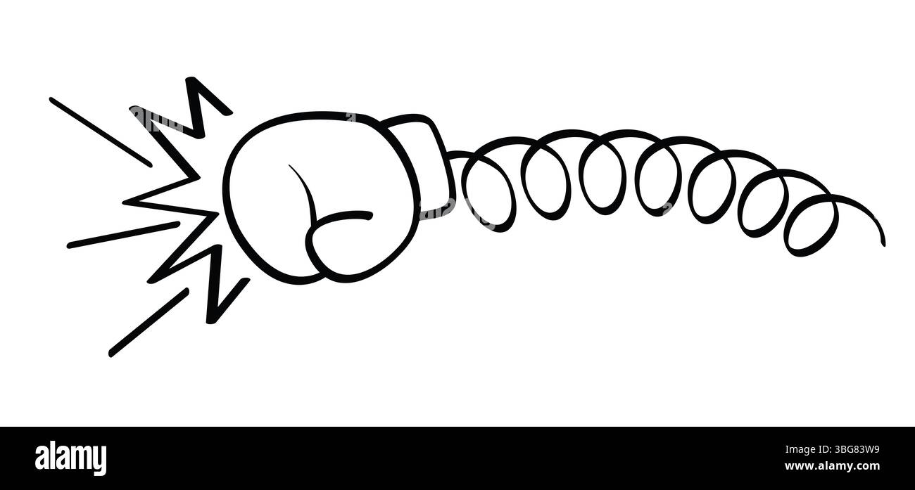 Guanti per scatole. Icona dei guanti da boxe. Guanto da boxe appeso a molle a molla o a spirale. Concetto di lotta. Sport, kickboxing, simbolo da combattimento. Mani della linea dei cartoni animati. A. Foto Stock