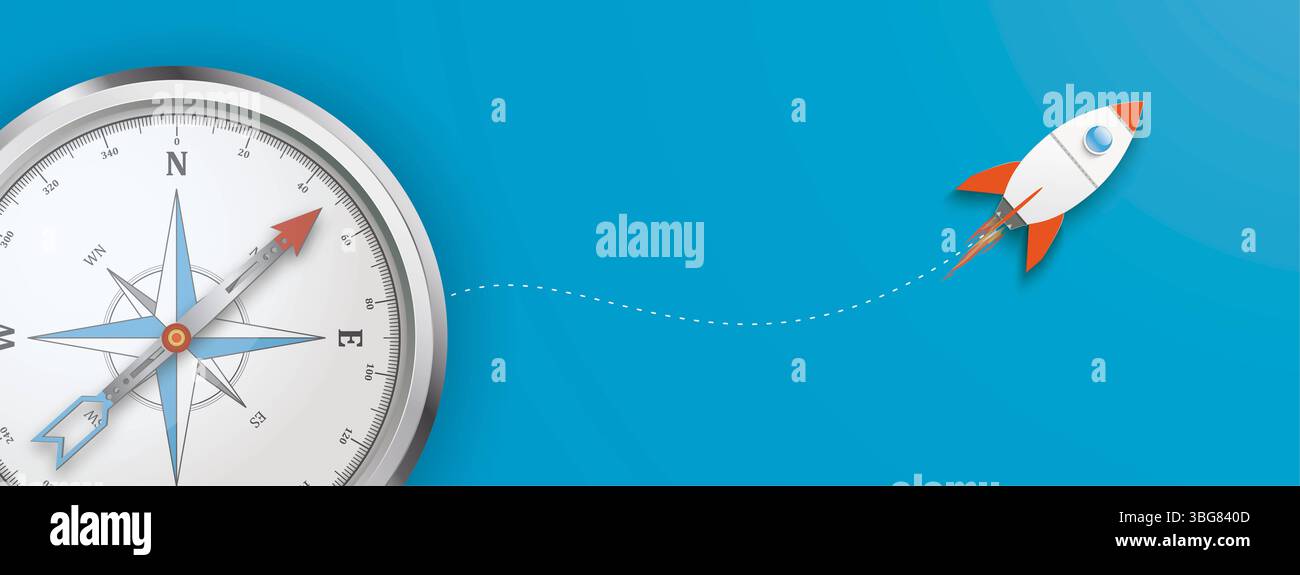 Rocket Startup Growth Orientation Compass Blue Header Business Concept della startup innovativa con un razzo e una bussola sullo sfondo blu. Foto Stock