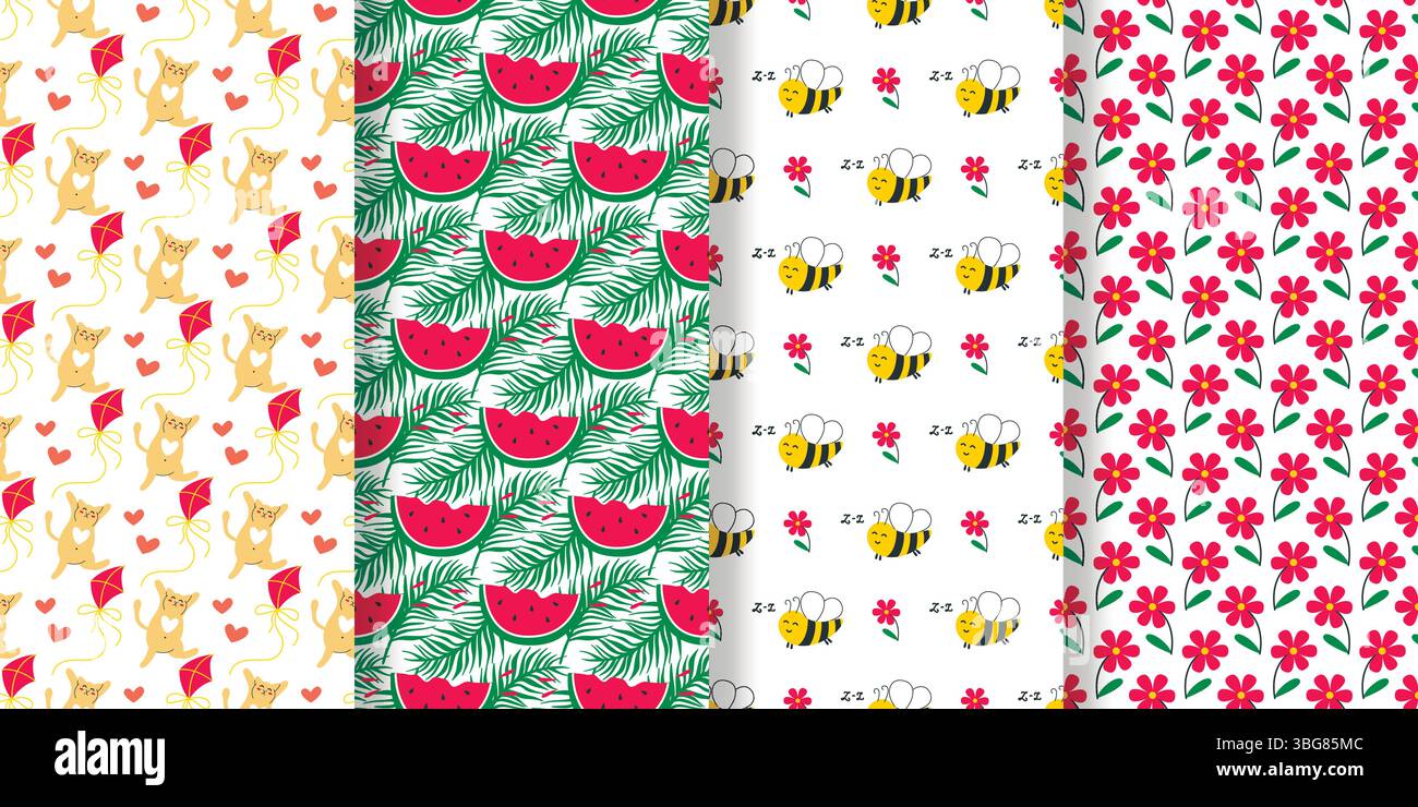 Fiori, anguria, api e gatti Set di motivi senza cuciture. Ambientazioni per le vacanze estive. Stampe colorate per tessuti, vestiti, confezioni, design. Ve Illustrazione Vettoriale