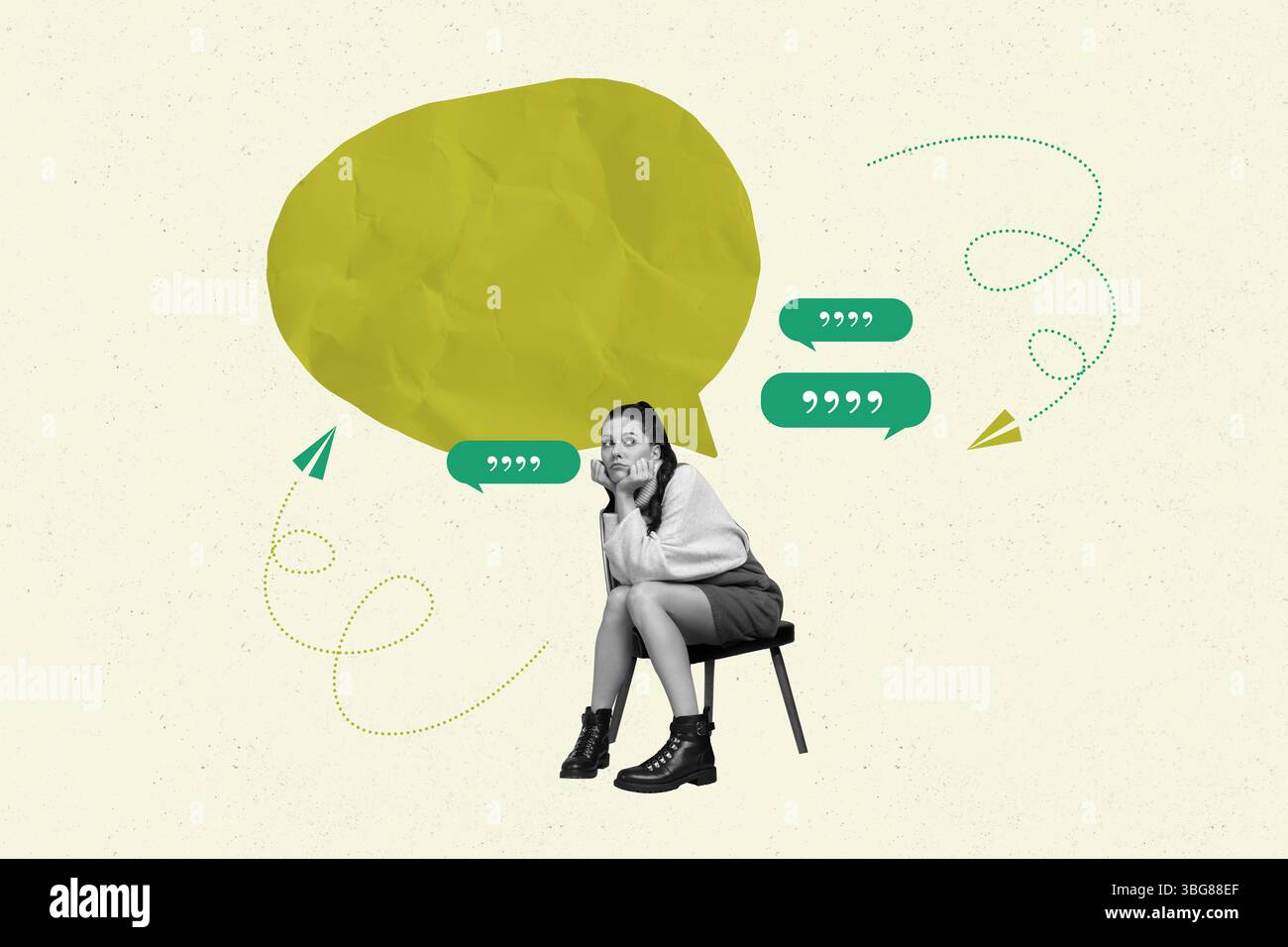 Collage di tendenza poster di una persona seduta vicino a una bolla di discorso su sfondo giallo Foto Stock