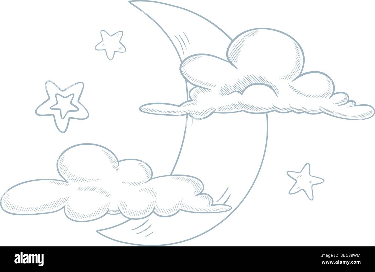 Disegno vettoriale di una luna di Mezzaluna con nuvole e stelle per inviti alla baby shower o biglietti di auguri per bambini. Delineare l'illustrazione dell'arte notturna per un arredamento celeste in color pastello. Illustrazione Vettoriale