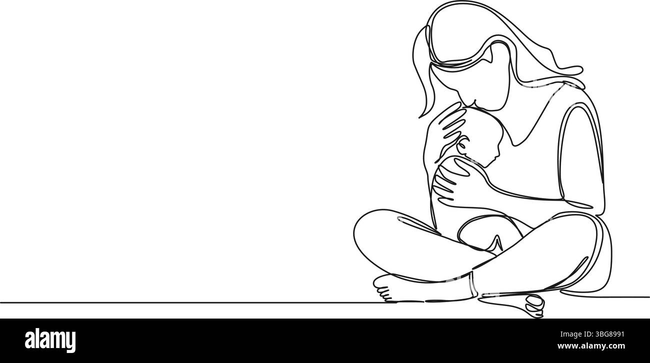 disegno continuo su una sola linea della madre che tiene in braccio il bambino, illustrazione vettoriale line art Illustrazione Vettoriale