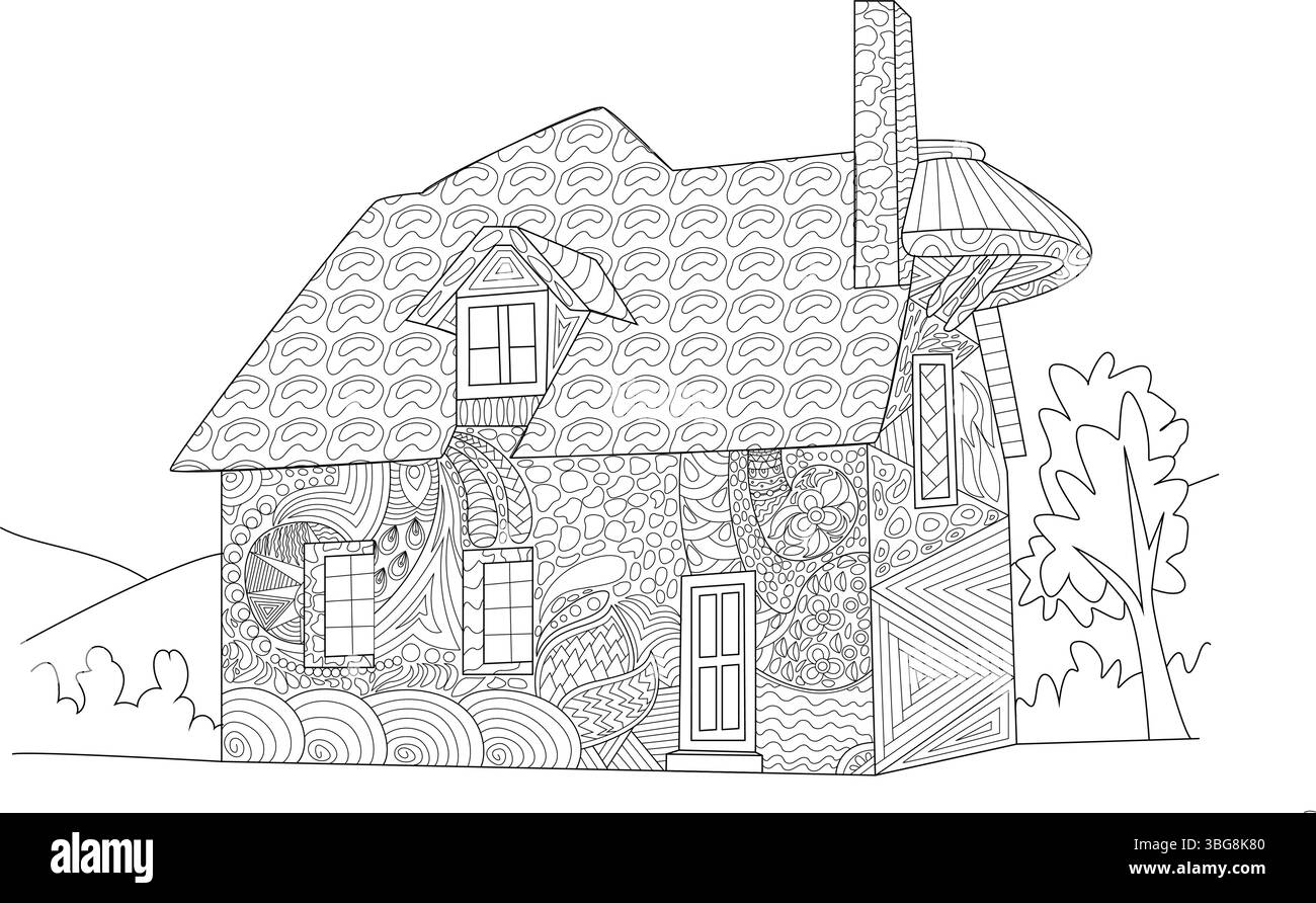 Intricato disegno in bianco e nero di una casa con tetto in paglia e pareti a motivi geometrici, ispirato all'architettura francese, adatto per colori adulti Illustrazione Vettoriale