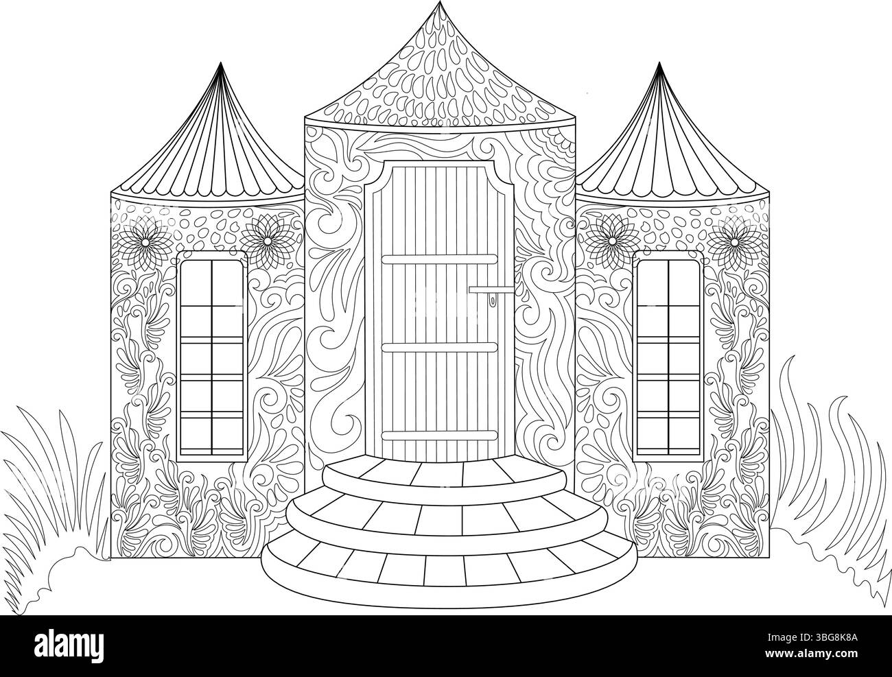 Illustrazione in bianco e nero di un edificio fantasia stravagante. Presenta un'ampia porta decorata con motivi intricati, gradini curvi e torrette Illustrazione Vettoriale