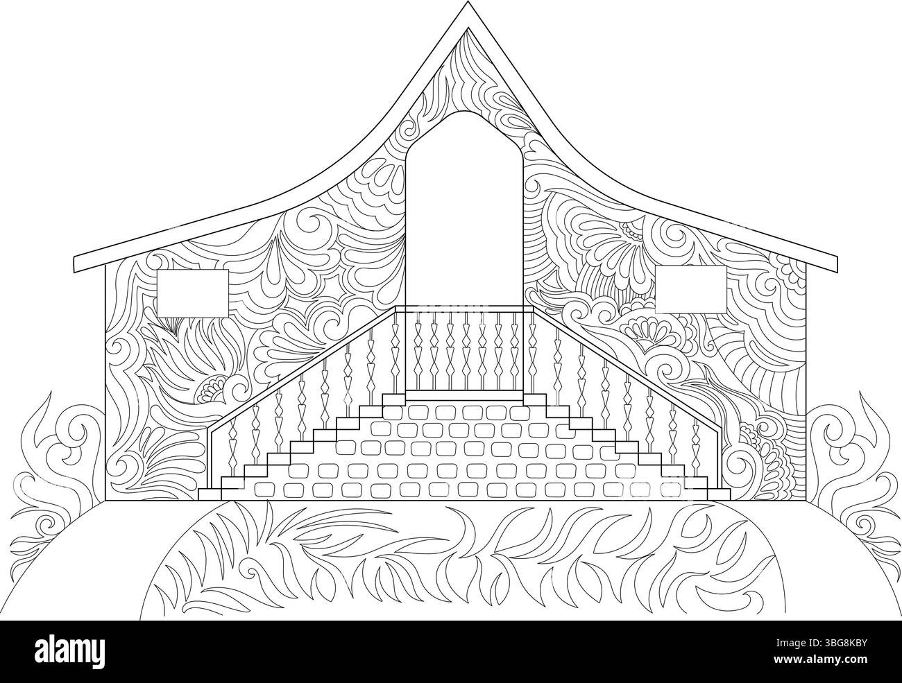 Il profilo in bianco e nero illustra in dettaglio una facciata stilizzata della casa con scale prominenti, ringhiere e intricati motivi floreali e a turbolenza. Idea Illustrazione Vettoriale