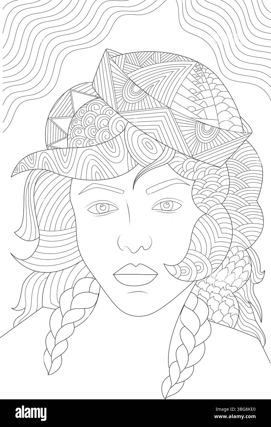 Illustrazione in bianco e nero del volto di una donna con acconciature complesse e dettagliate, tra cui trecce intrecciate e un cappello decorativo o. Illustrazione Vettoriale