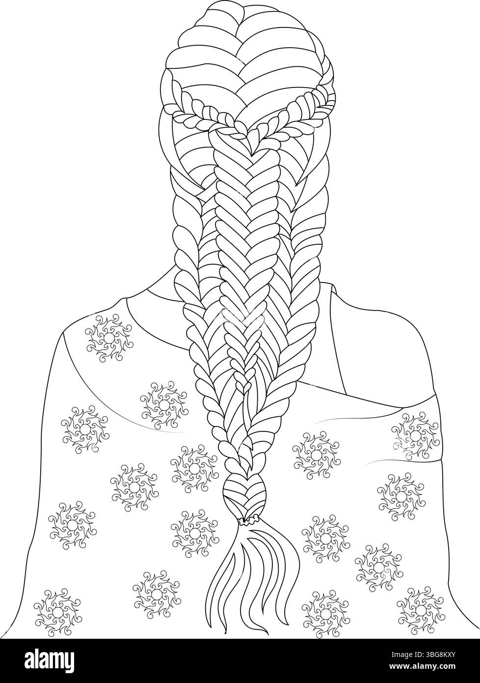 Illustrazione in bianco e nero di una donna vista dal retro, che mostra un'acconciatura complessa e intricata. La figura indossa una g. Illustrazione Vettoriale
