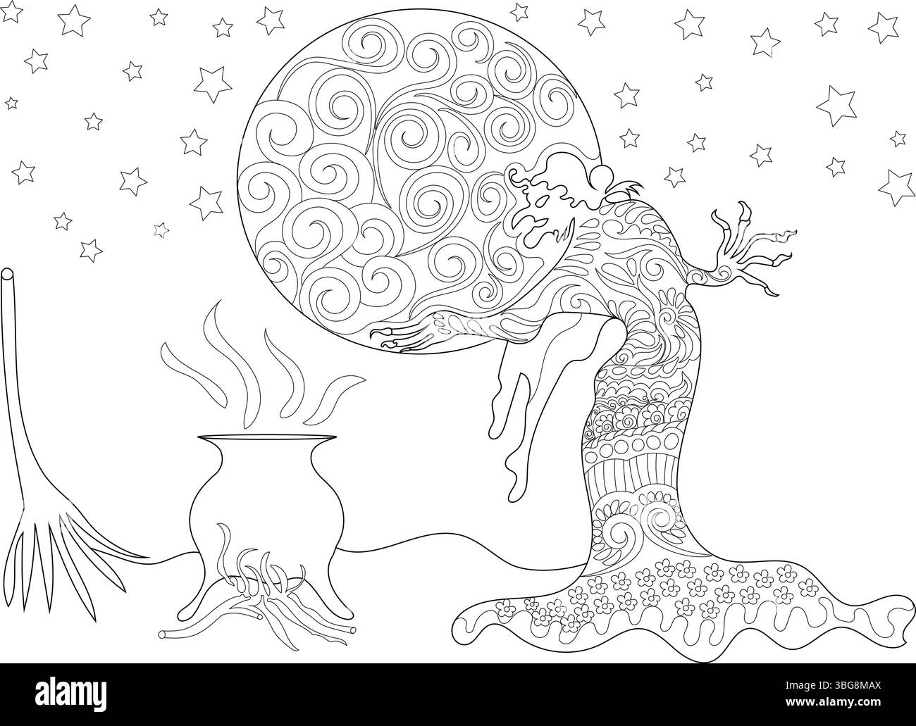 Illustrazione line art per un libro da colorare con una strega che regge una grande luna piena, con un calderone fumante e una scopa sotto una S stellata Illustrazione Vettoriale