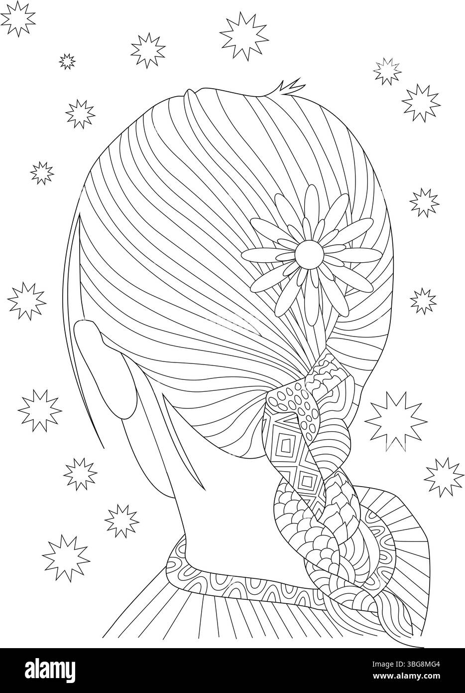 Illustrazione grafica dettagliata con vista posteriore della testa di una donna con un'acconciatura lunga e riccamente intrecciata adornata da un fiore. La treccia i Illustrazione Vettoriale