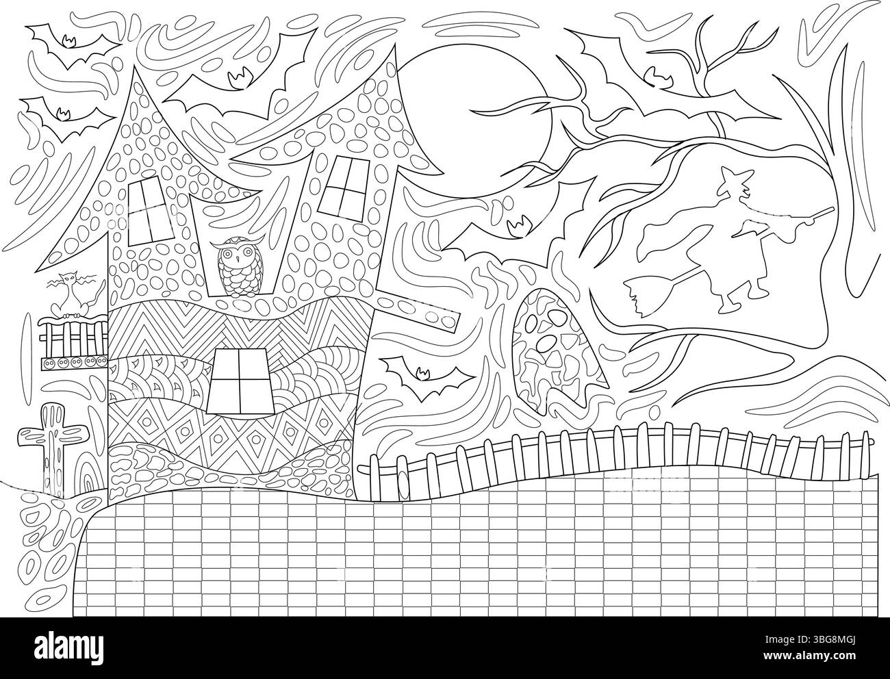 Illustrazione dettagliata di una scena spettrale di una casa infestata, con una casa infestata, pipistrelli, una strega, un gatto, un gufo, una luna piena, un trave storto Illustrazione Vettoriale