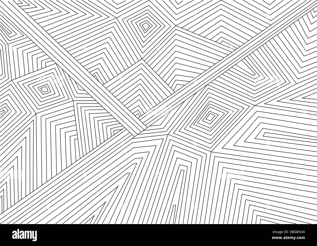 Motivo geometrico in bianco e nero astratto caratterizzato da linee, quadrati e angoli intricati che creano uno sfondo moderno e minimalista o elementi di design Illustrazione Vettoriale