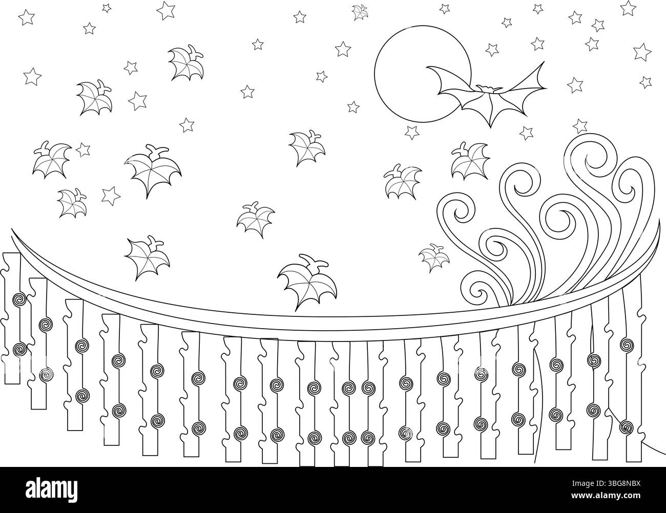 Illustrazione in bianco e nero per Halloween con pipistrelli volanti sotto una luna piena e stelle, con una recinzione ornata o un elemento ringhiera sottostante. Illustrazione Vettoriale