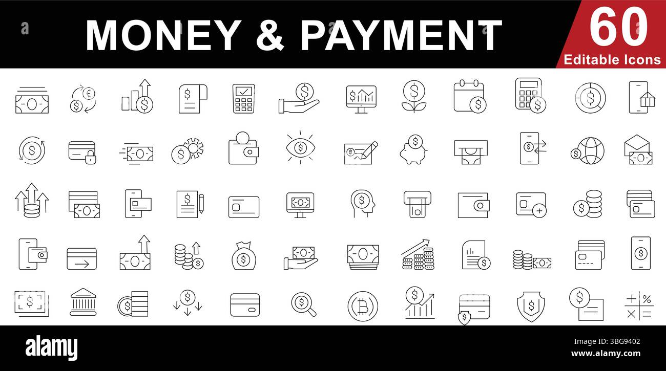 Set icone riga denaro e pagamento - simboli finanziari, bancari, e-commerce e transazioni Illustrazione Vettoriale