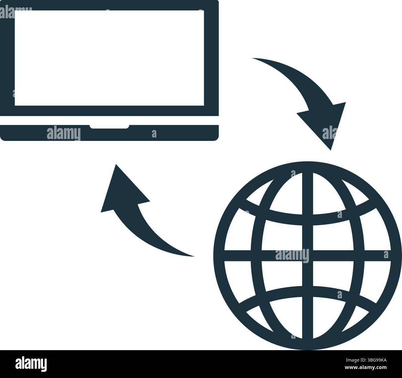 Lo scambio di dati tra laptop e globo simboleggia la comunicazione globale, la connettività Internet e il trasferimento di dati in tutto il mondo Illustrazione Vettoriale