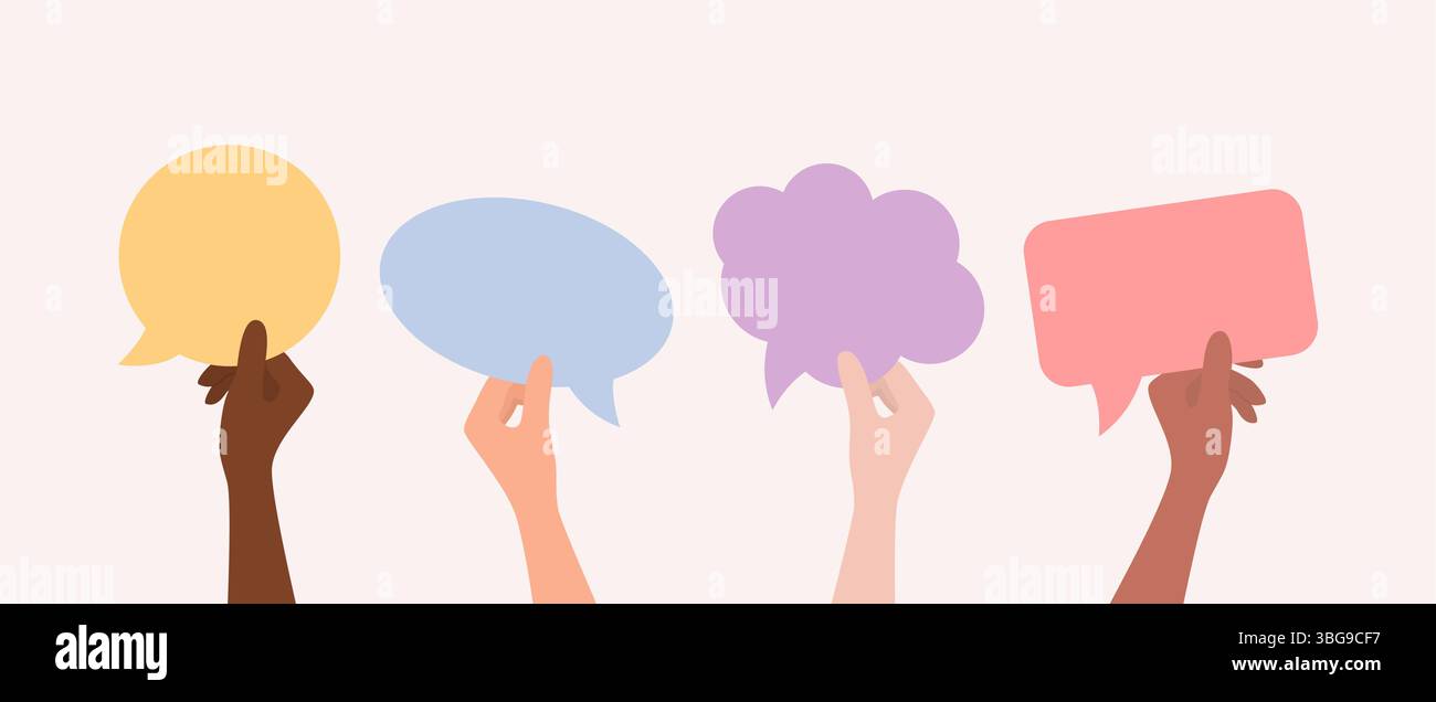 Mani di persone di diverse nazionalità e tonalità della pelle con bolle colorate di varie forme. Illustrazione vettoriale piatta Illustrazione Vettoriale