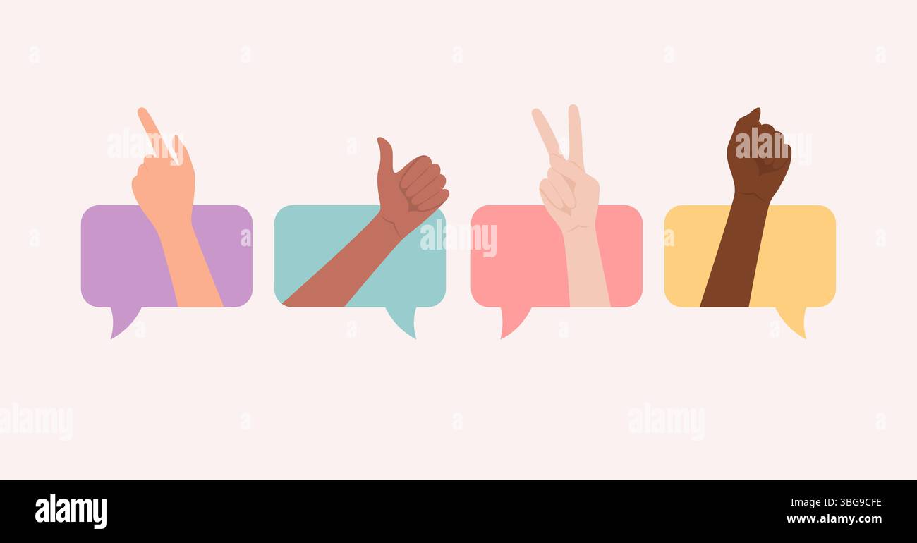 Mani di tonalità della pelle diverse che mostrano vari gesti in bolle colorate. Illustrazione vettoriale piatta Illustrazione Vettoriale