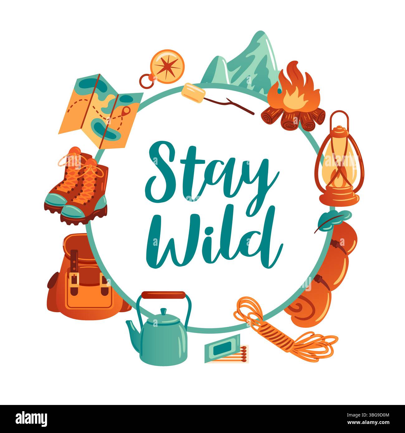 Una disposizione circolare di articoli da campeggio ed elementi naturali circonda il testo Stay Wild in un font giocoso e scritto a mano. Il design evoca un senso di Illustrazione Vettoriale