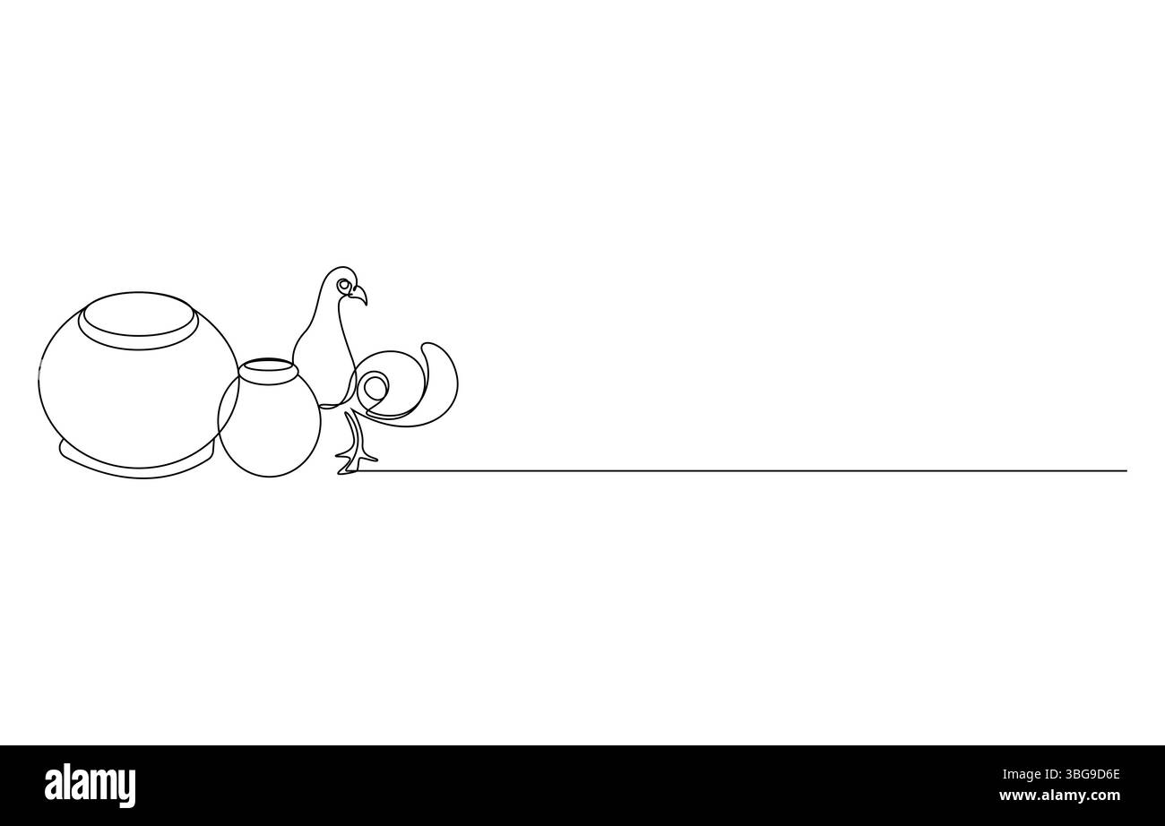 Happy Janmashtami Festival Line Art, disegno continuo di un bruciatore a incenso con fumo, arte minimalista di ceramica e una colomba Illustrazione Vettoriale